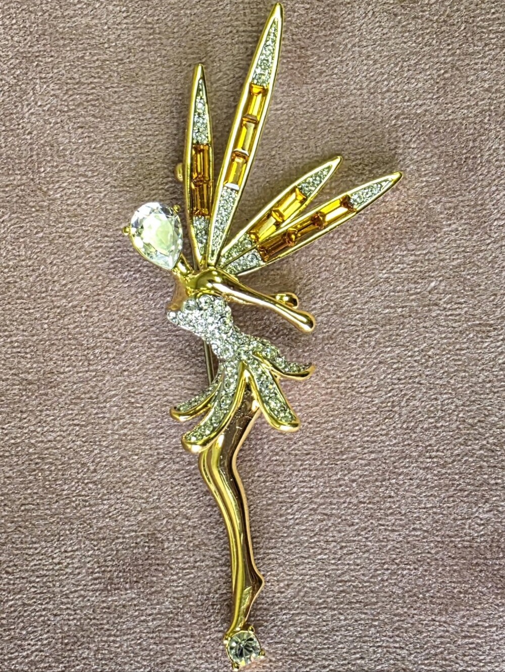 Whimsical Gold Swarovoski Crystal Fairy Brooch - Sparkling Gold Fairy Pin